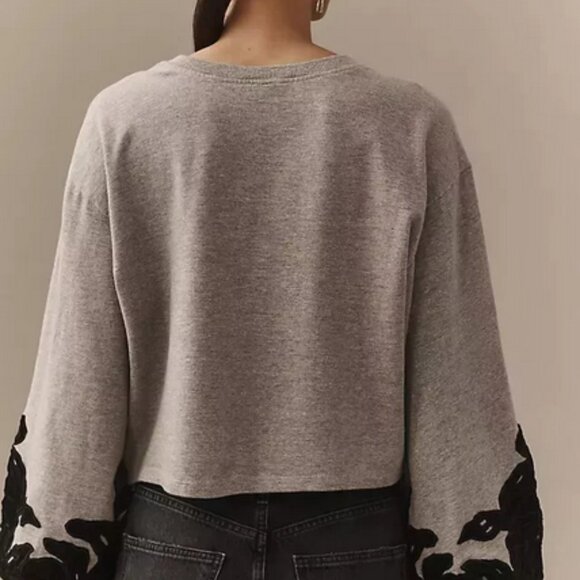By Anthropologie Velvet Appliqué Sweatshirt Embroidered Top - Picture 2 of 2